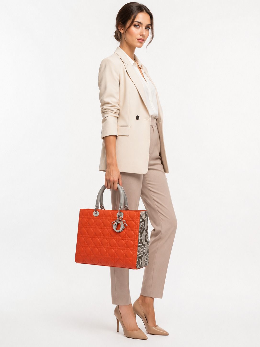 ORANGE BEIGE PYTHON AND CANNAGE LEATHER LARGE LADY DIOR BAG