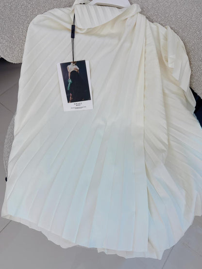 IVORY PLEAT STRETCH CREPE PLEATED ASYMMETRIC TOP 36