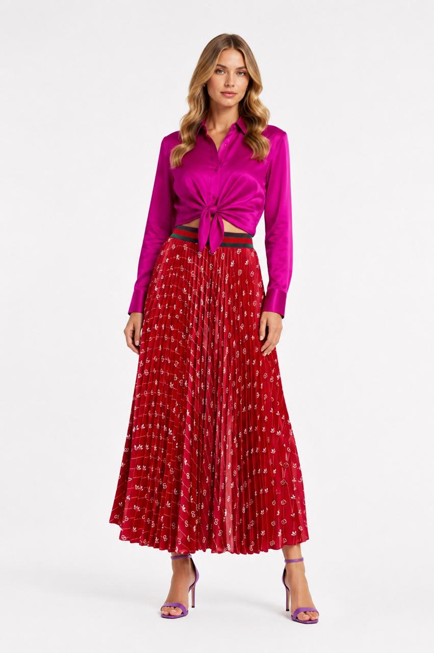 X ADIDAS RED FULL PRINT LOGO PLEATED SKIRT 44