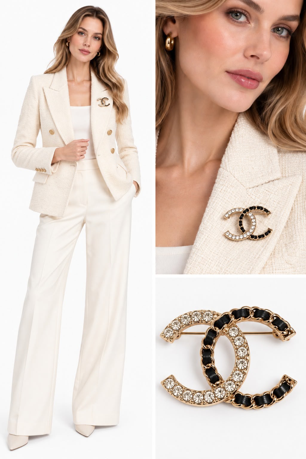 CC LOGO CRYSTAL AND LEATHER CHAIN GOLD TONE BROOCH