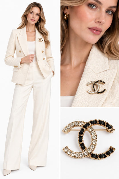CC LOGO CRYSTAL AND LEATHER CHAIN GOLD TONE BROOCH