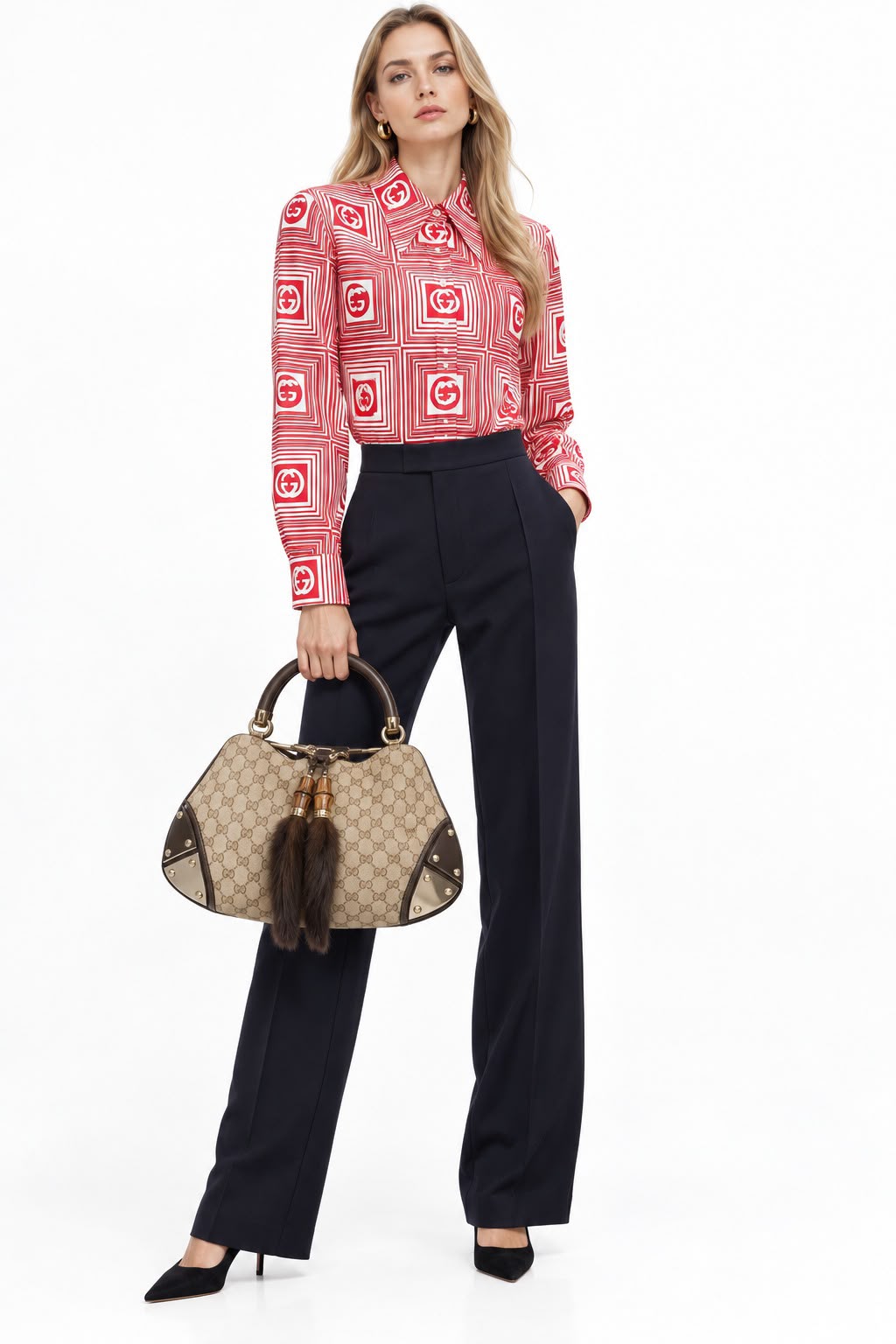 BEIGE GG CANVAS LARGE FUR TASSEL INDY HOBO BAG