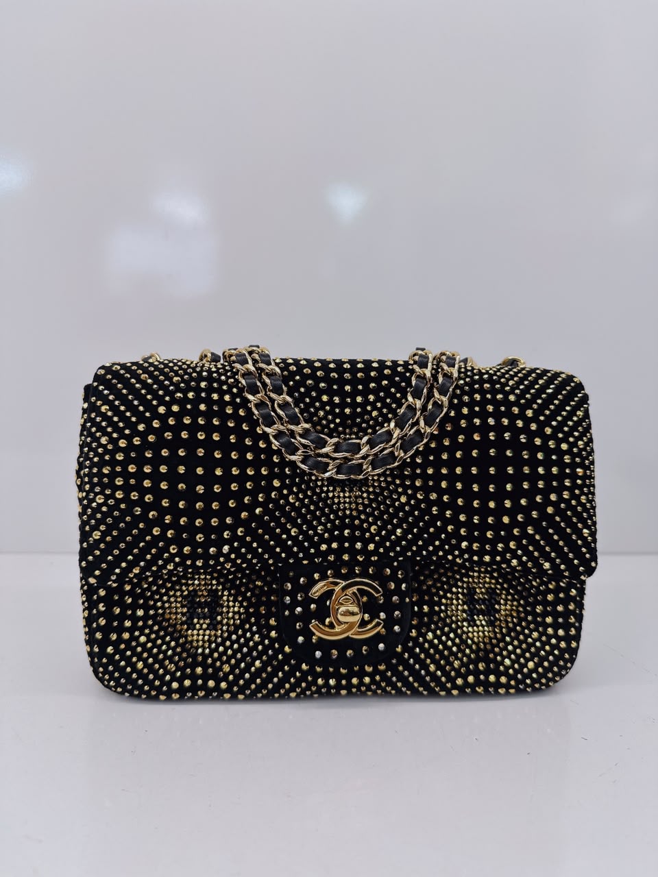 BLACK GOLD STRASS EVENING MINI CLASSIC FLAP BAG