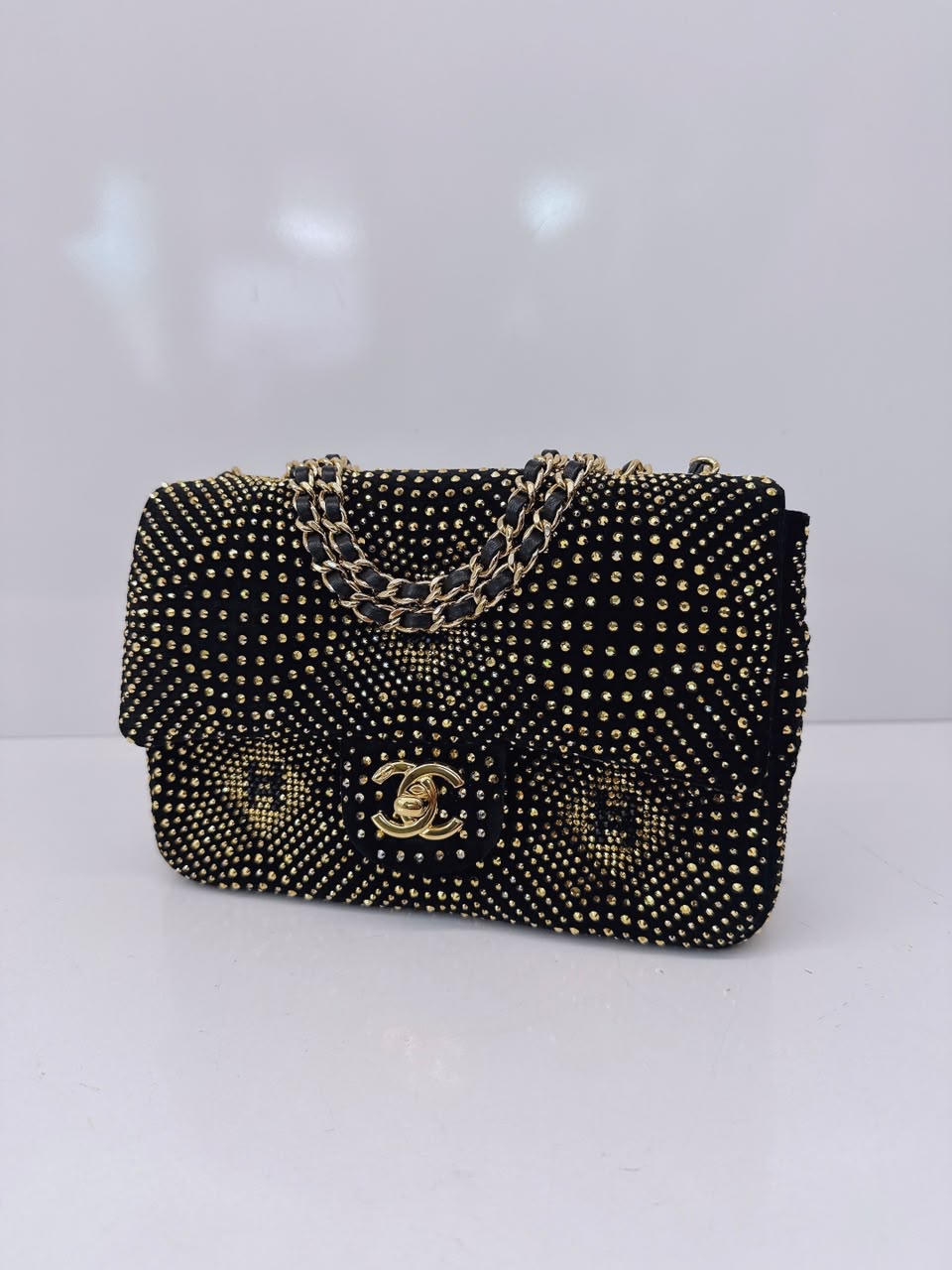 BLACK GOLD STRASS EVENING MINI CLASSIC FLAP BAG
