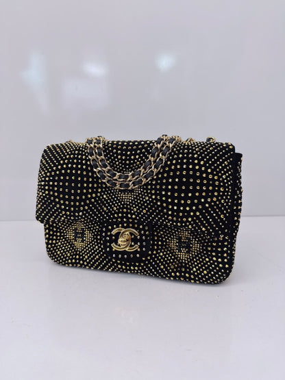 BLACK GOLD STRASS EVENING MINI CLASSIC FLAP BAG