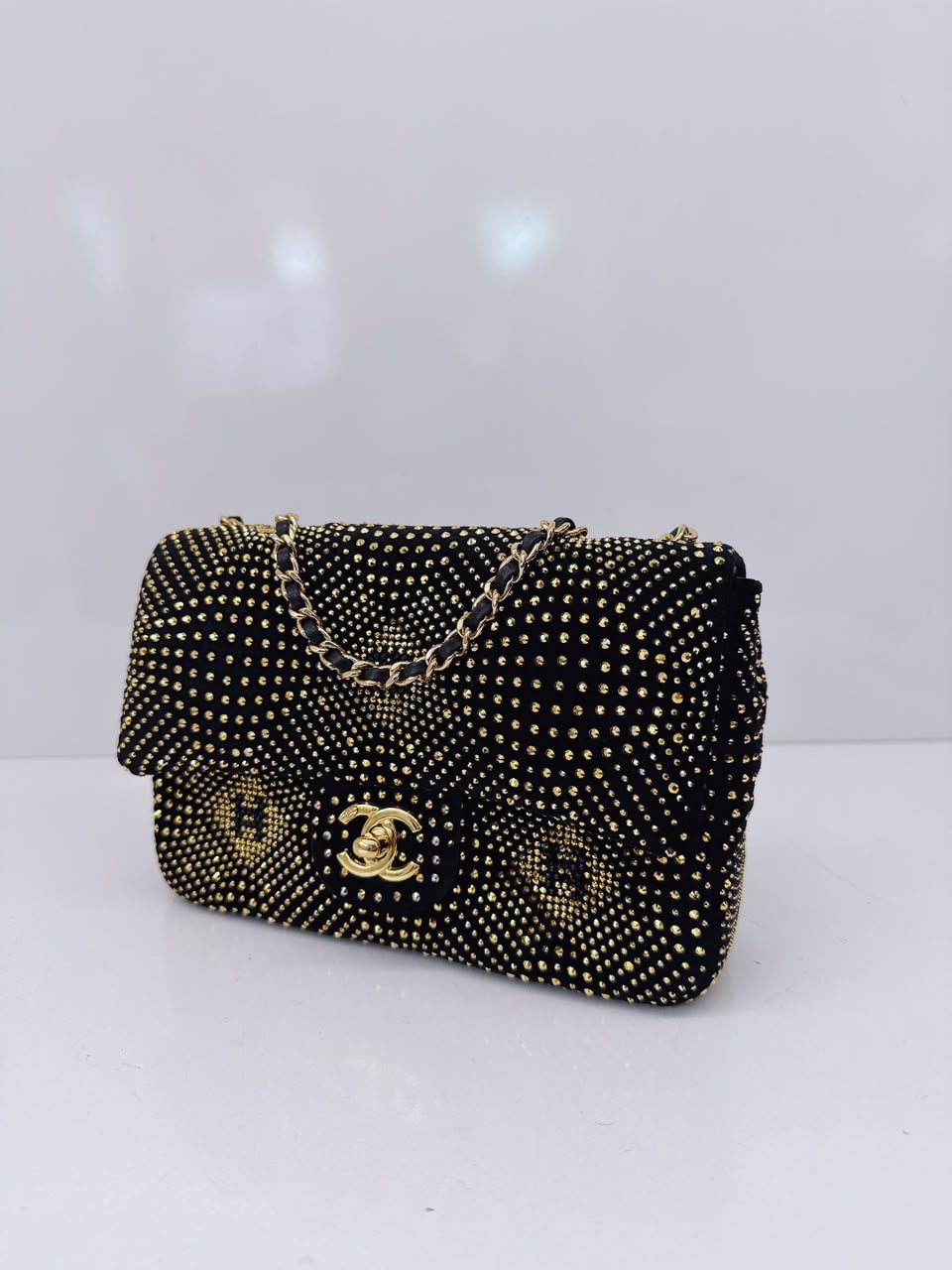 BLACK GOLD STRASS EVENING MINI CLASSIC FLAP BAG