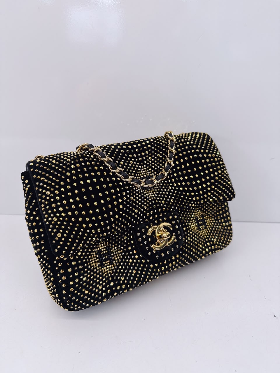 BLACK GOLD STRASS EVENING MINI CLASSIC FLAP BAG