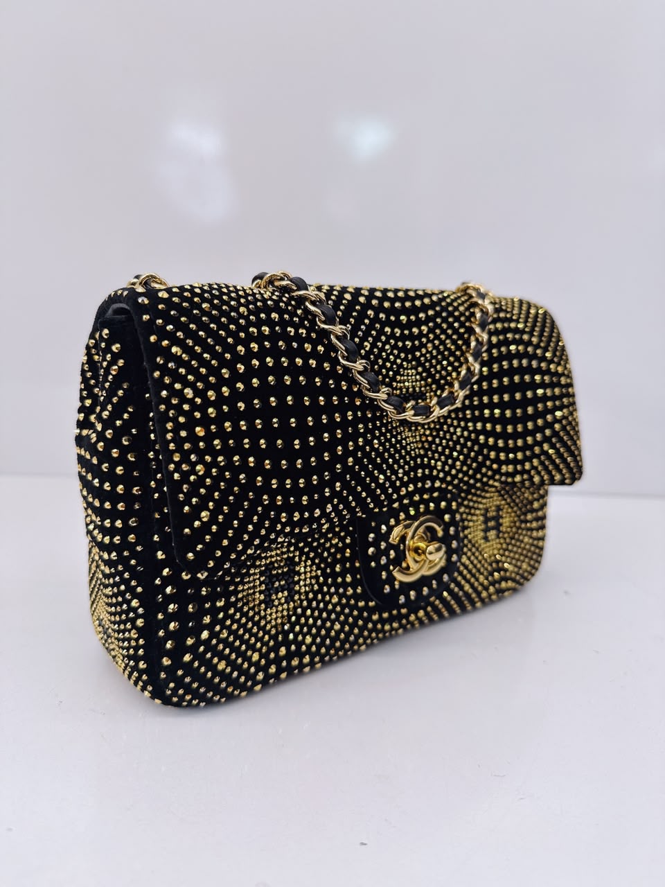 BLACK GOLD STRASS EVENING MINI CLASSIC FLAP BAG