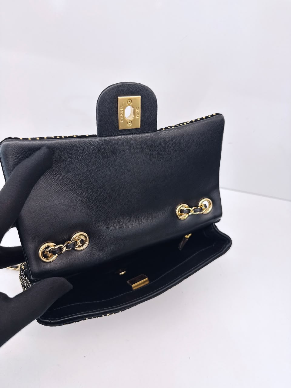 BLACK GOLD STRASS EVENING MINI CLASSIC FLAP BAG
