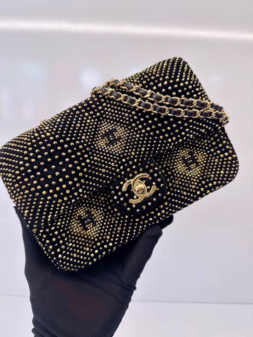 BLACK GOLD STRASS EVENING MINI CLASSIC FLAP BAG
