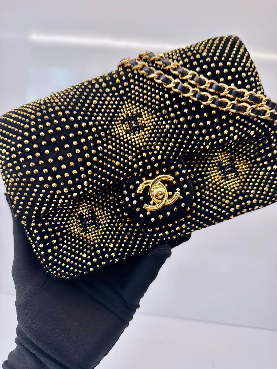 BLACK GOLD STRASS EVENING MINI CLASSIC FLAP BAG