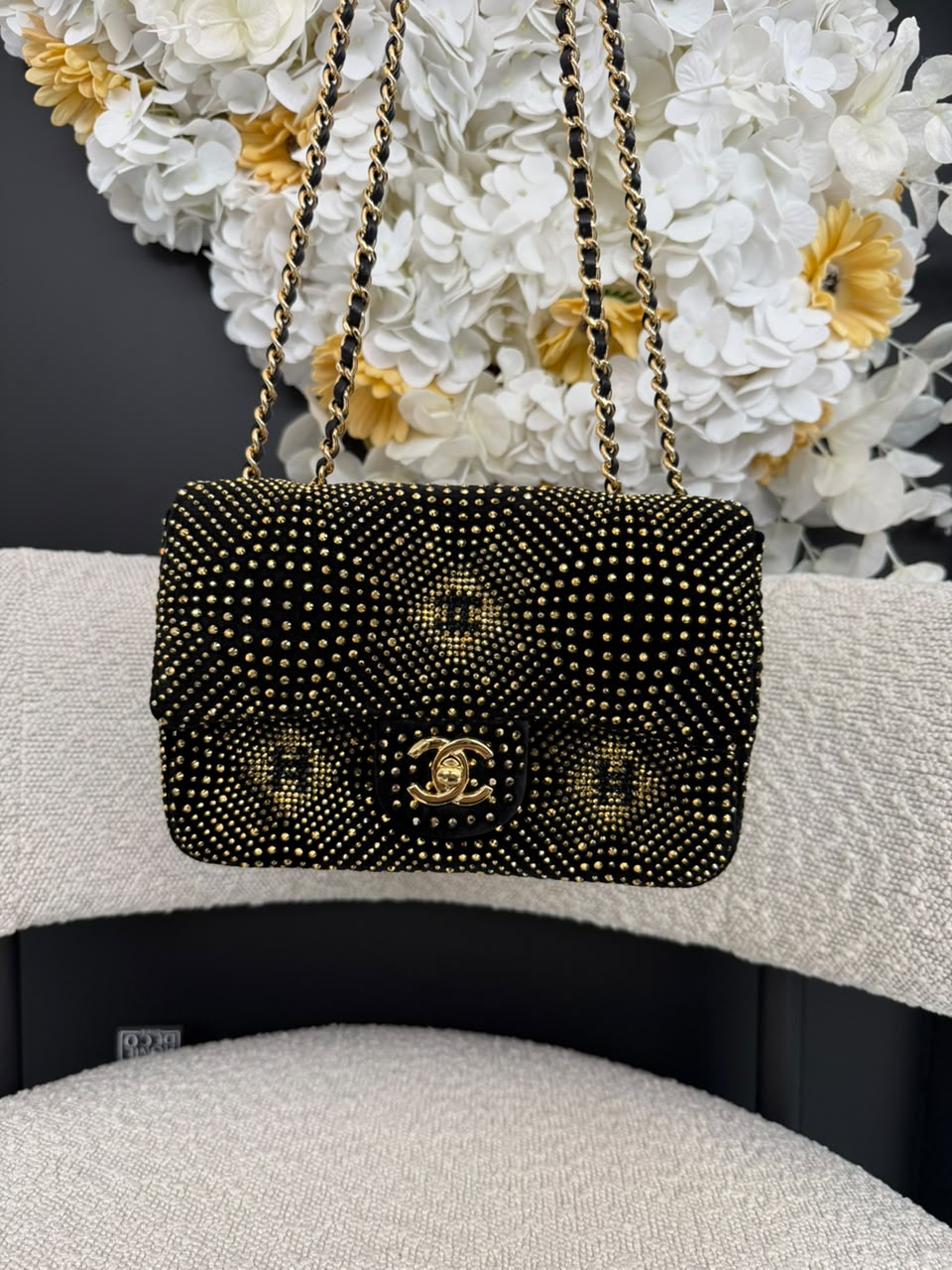 BLACK GOLD STRASS EVENING MINI CLASSIC FLAP BAG
