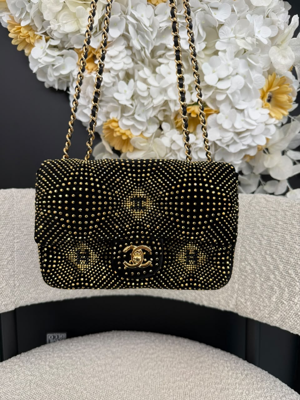 BLACK GOLD STRASS EVENING MINI CLASSIC FLAP BAG