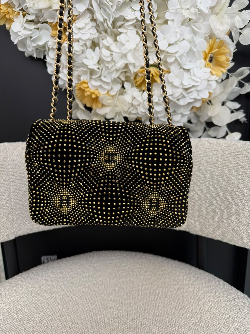 BLACK GOLD STRASS EVENING MINI CLASSIC FLAP BAG