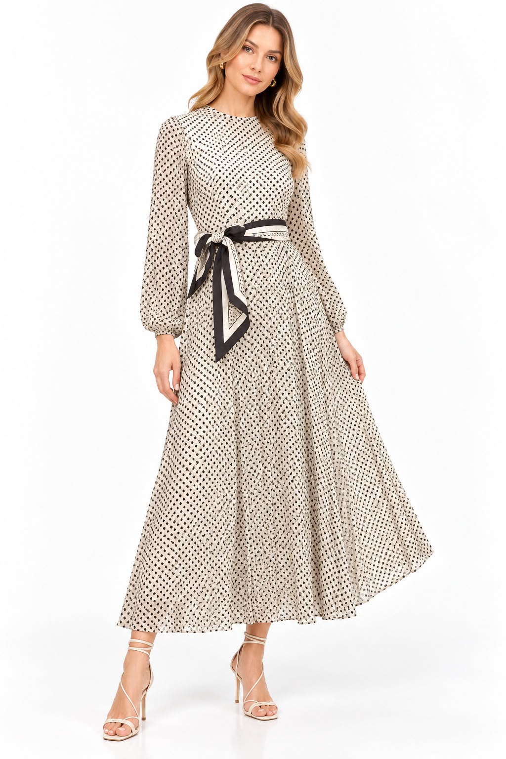 SUNRAY BELTED PLEATED POLKA-DOT MIDI DRESS 0