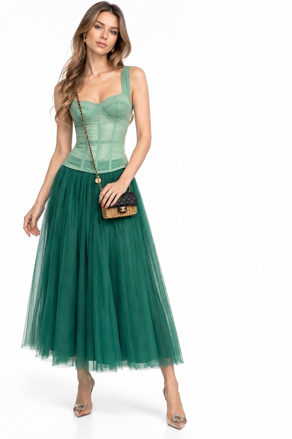 GREEN COTTON BUSTIER CORSET SLEEVELESS TOP AND TULLE MIDI SKIRT 44/46