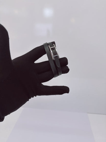 BLACK LEATHER BEHAPI DOUBLE TOUR BRACELET SILVER HARDWARE