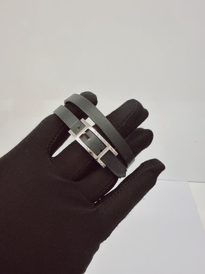 BLACK LEATHER BEHAPI DOUBLE TOUR BRACELET SILVER HARDWARE
