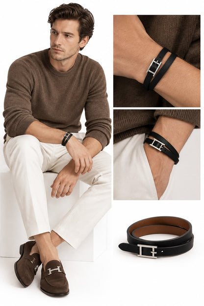 BLACK LEATHER BEHAPI DOUBLE TOUR BRACELET SILVER HARDWARE