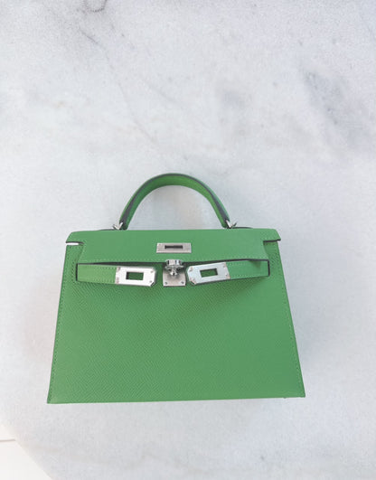 VERT YUCCA MINI KELLY 20 EPSOM LEATHER PALLADIUM HARDWARE
