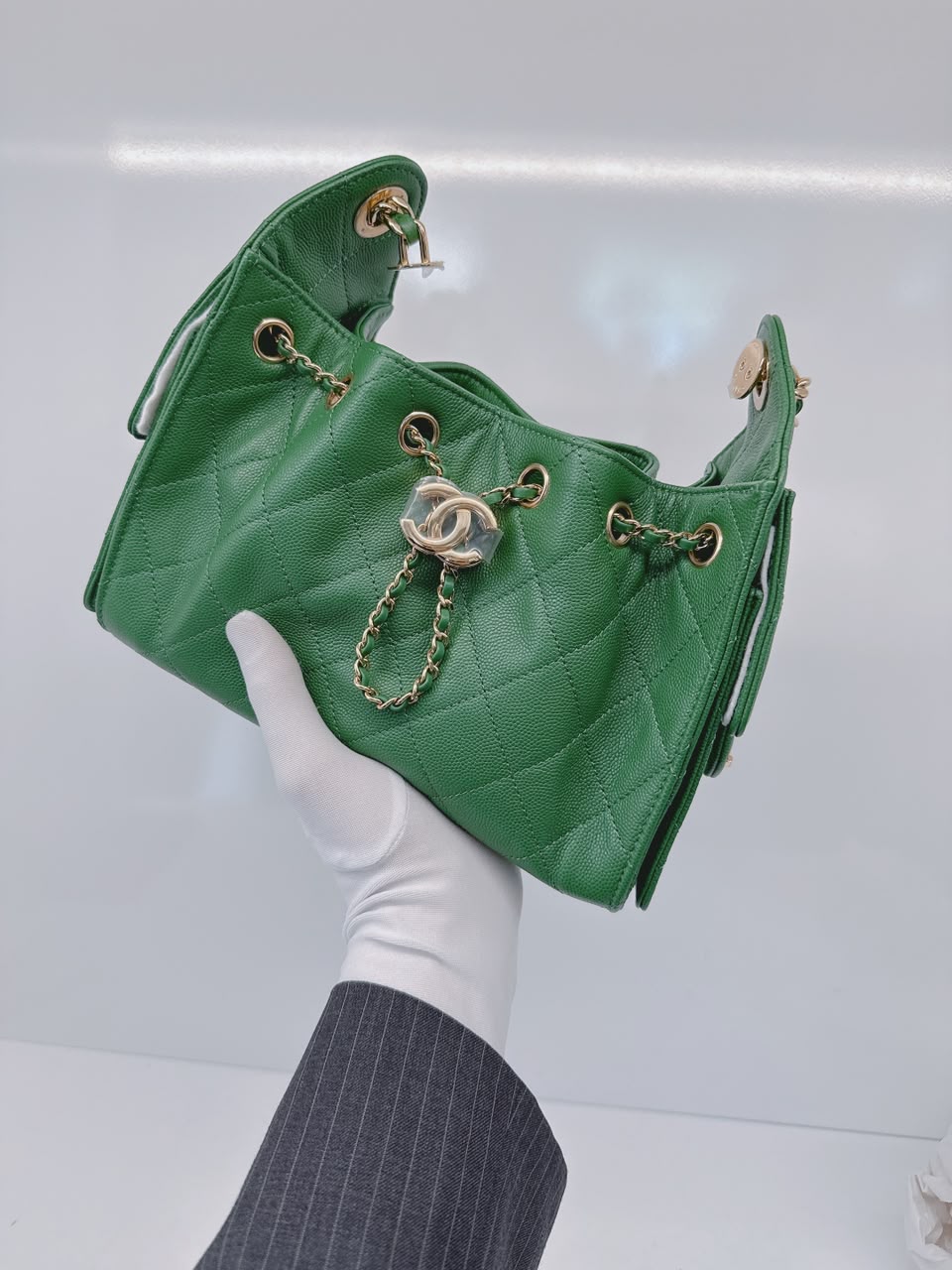 GREEN CAVIAR QUILTED LEATHER MINI CHANEL 25 HOBO BAG
