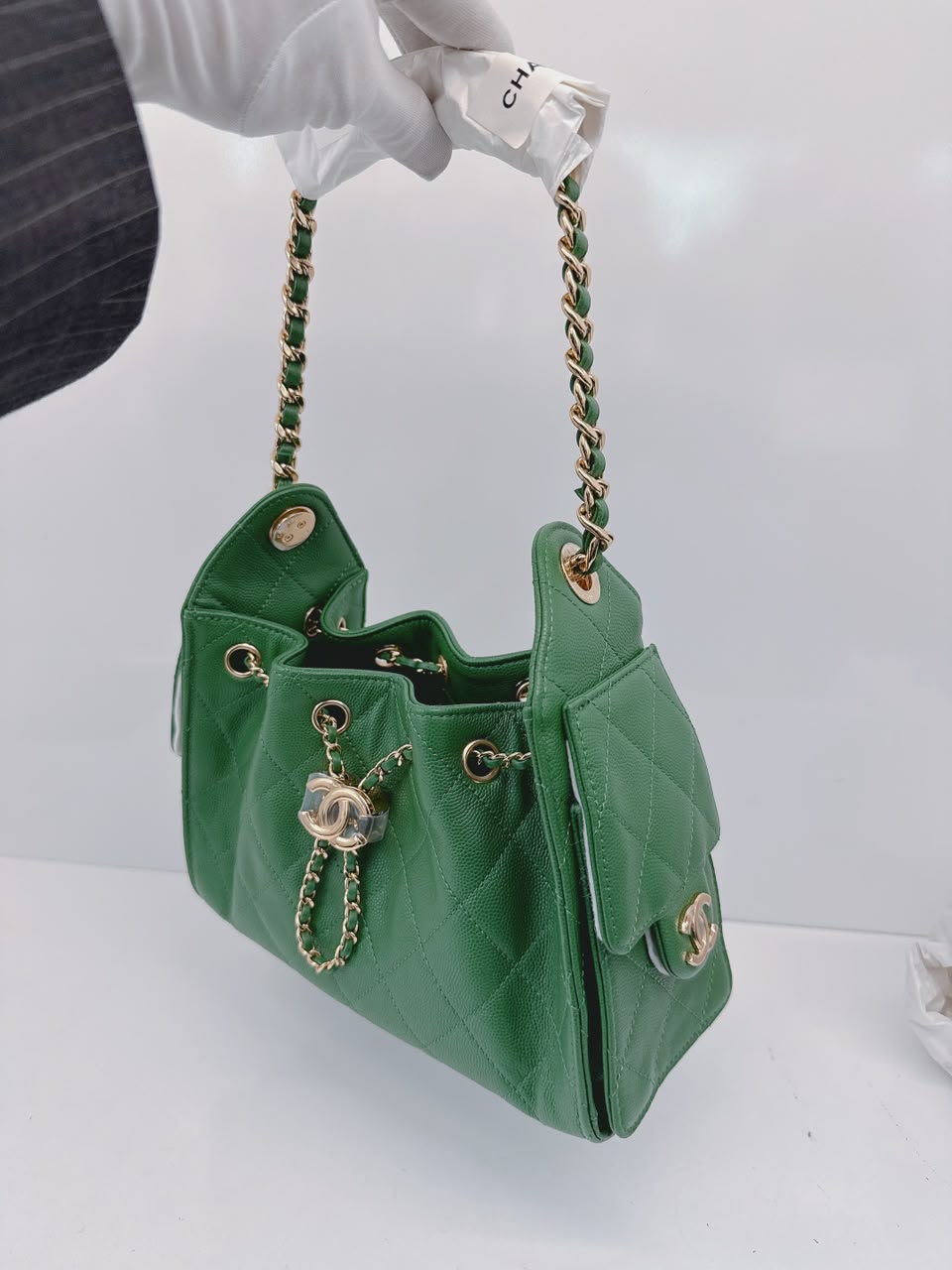 GREEN CAVIAR QUILTED LEATHER MINI CHANEL 25 HOBO BAG