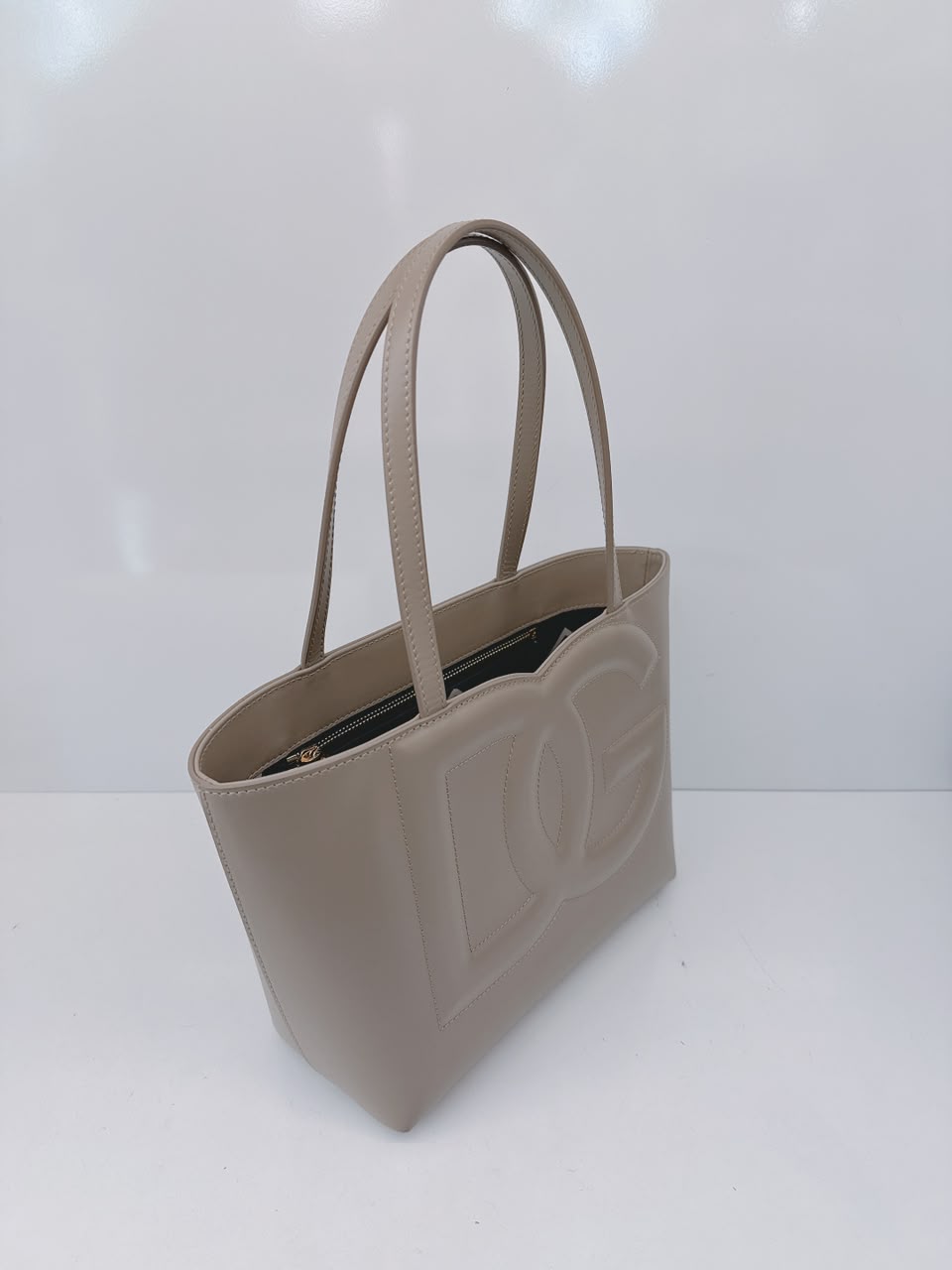 GRAY CALFSKIN LEATHER DG EMBOSSED LOGO SMALL TOTE BAG