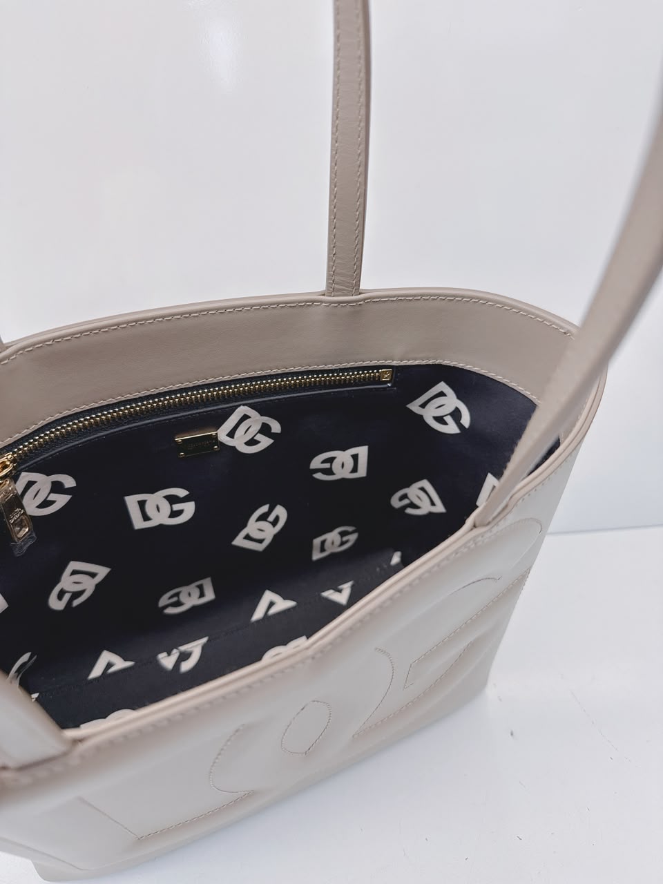 GRAY CALFSKIN LEATHER DG EMBOSSED LOGO SMALL TOTE BAG