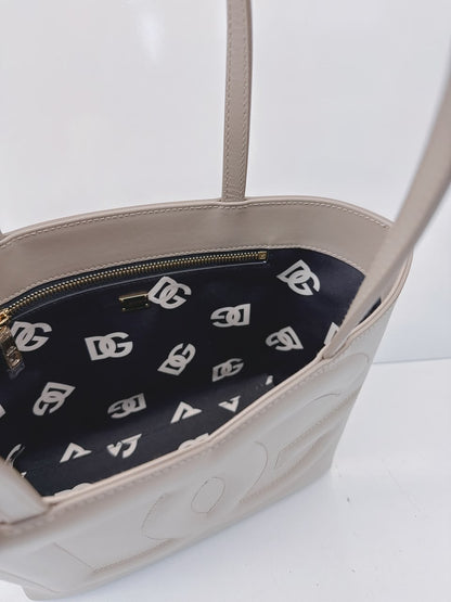 GRAY CALFSKIN LEATHER DG EMBOSSED LOGO SMALL TOTE BAG