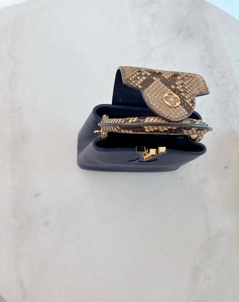 NAVY BLUE MINI CAPUCINES PYTHON TOP HANDLE BAG