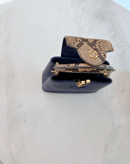 NAVY BLUE MINI CAPUCINES PYTHON TOP HANDLE BAG