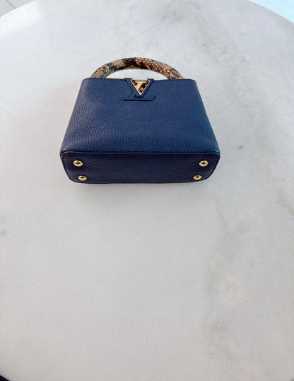 NAVY BLUE MINI CAPUCINES PYTHON TOP HANDLE BAG