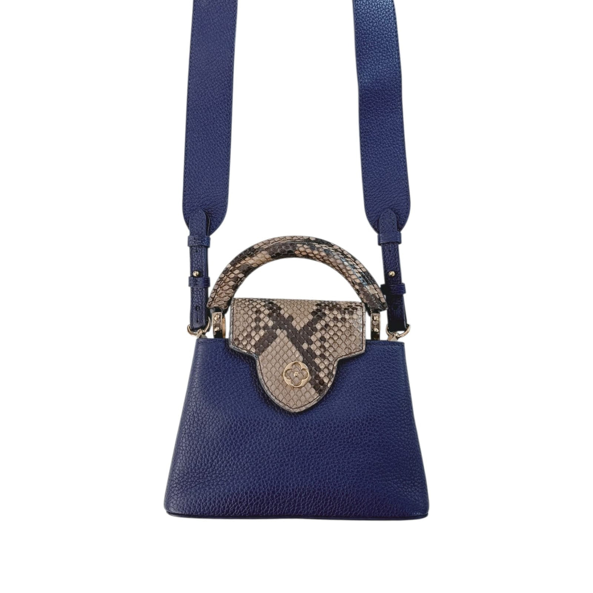 NAVY BLUE MINI CAPUCINES PYTHON TOP HANDLE BAG