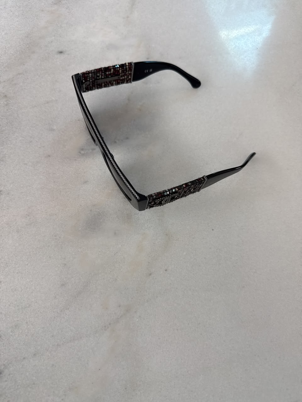 BLACK MULTICOLOR ACETATE TWEED DIAMANTE CHAIN CC RECTANGLE SUNGLASSES