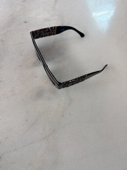 BLACK MULTICOLOR ACETATE TWEED DIAMANTE CHAIN CC RECTANGLE SUNGLASSES