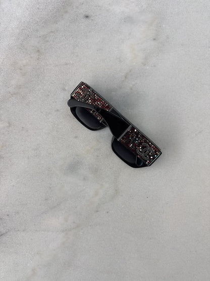 BLACK MULTICOLOR ACETATE TWEED DIAMANTE CHAIN CC RECTANGLE SUNGLASSES