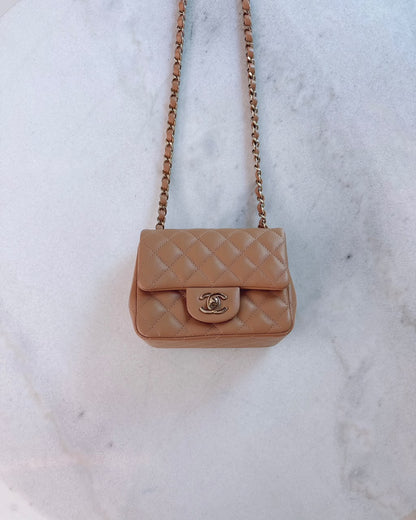 CARAMEL QUILTED LAMBSKIN LEATHER CLASSIC MINI SQUARE FLAP BAG