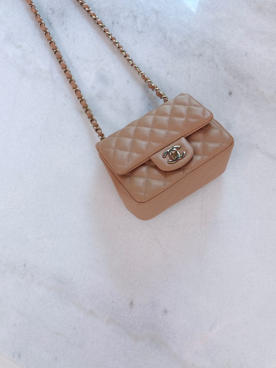 CARAMEL QUILTED LAMBSKIN LEATHER CLASSIC MINI SQUARE FLAP BAG