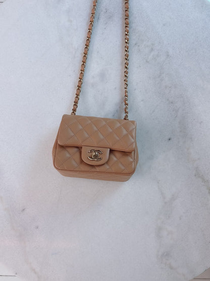 CARAMEL QUILTED LAMBSKIN LEATHER CLASSIC MINI SQUARE FLAP BAG
