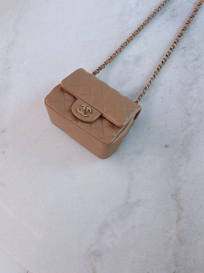 CARAMEL QUILTED LAMBSKIN LEATHER CLASSIC MINI SQUARE FLAP BAG