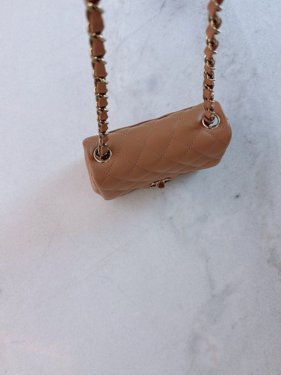 CARAMEL QUILTED LAMBSKIN LEATHER CLASSIC MINI SQUARE FLAP BAG