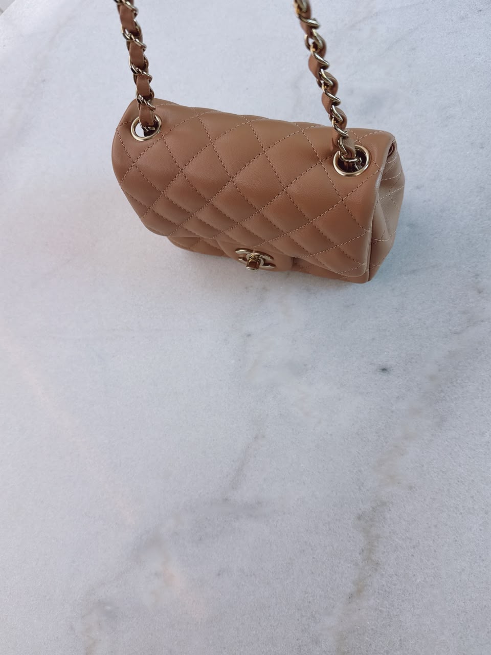 CARAMEL QUILTED LAMBSKIN LEATHER CLASSIC MINI SQUARE FLAP BAG