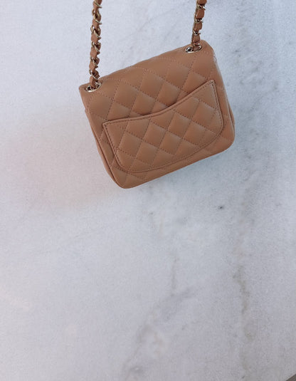 CARAMEL QUILTED LAMBSKIN LEATHER CLASSIC MINI SQUARE FLAP BAG