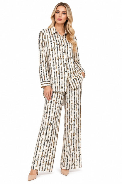 CREAM BEIGE LV CHAIN PATTERN PRINT SILK LONG SLEEVES SHIRT AND PANTS SET 36/38