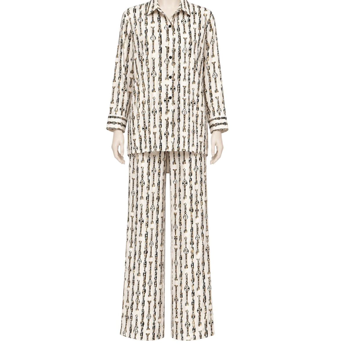 CREAM BEIGE LV CHAIN PATTERN PRINT SILK LONG SLEEVES SHIRT AND PANTS SET 36/38