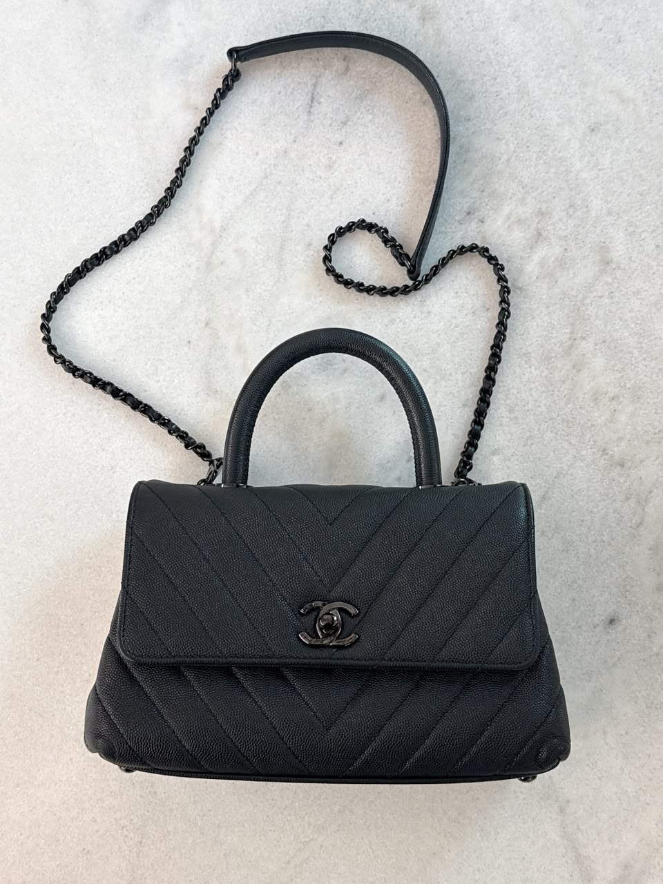 BLACK CHEVRON CAVIAR LEATHER MINI SO BLACK COCO TOP HANDLE BAG