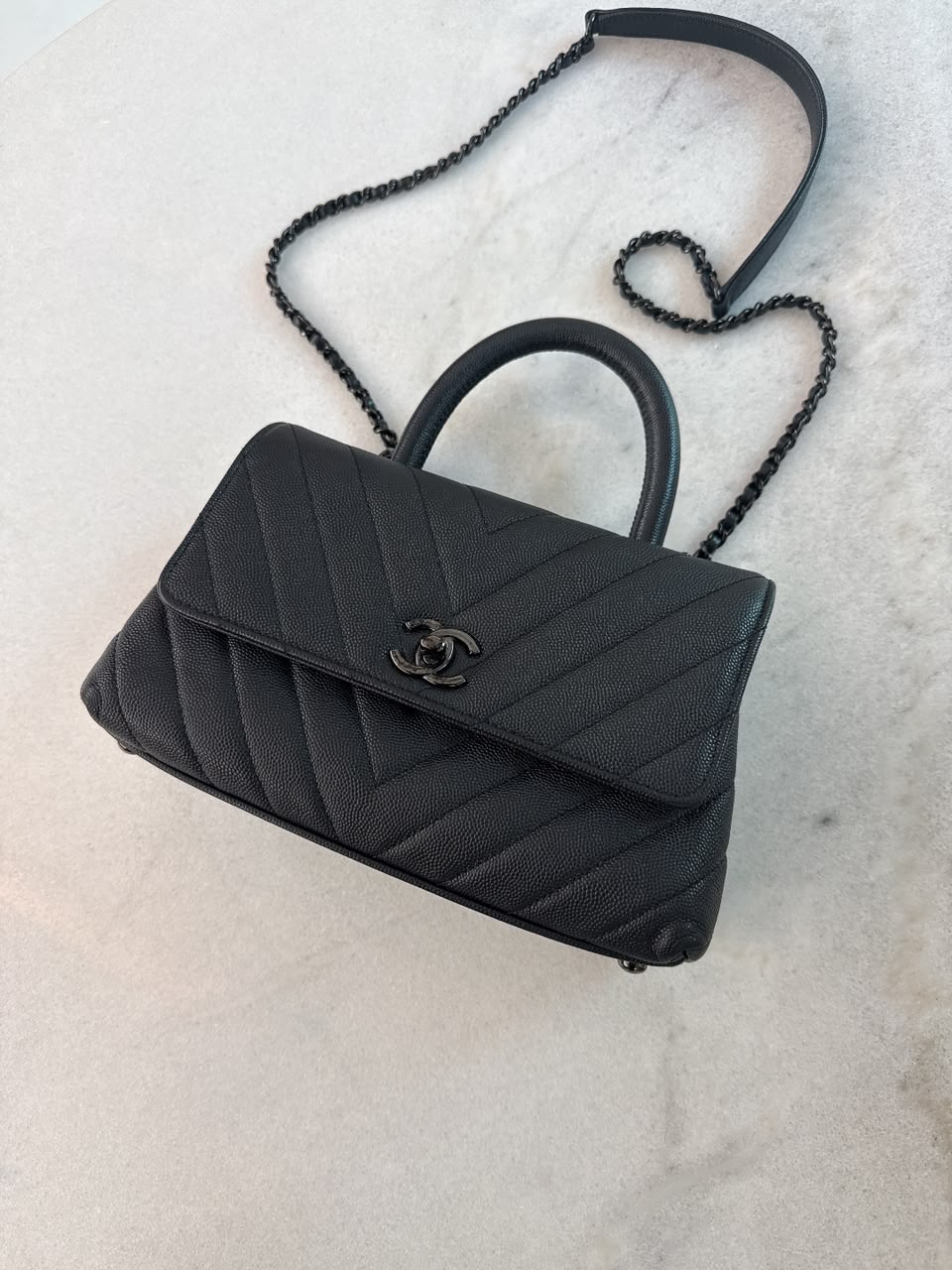BLACK CHEVRON CAVIAR LEATHER MINI SO BLACK COCO TOP HANDLE BAG