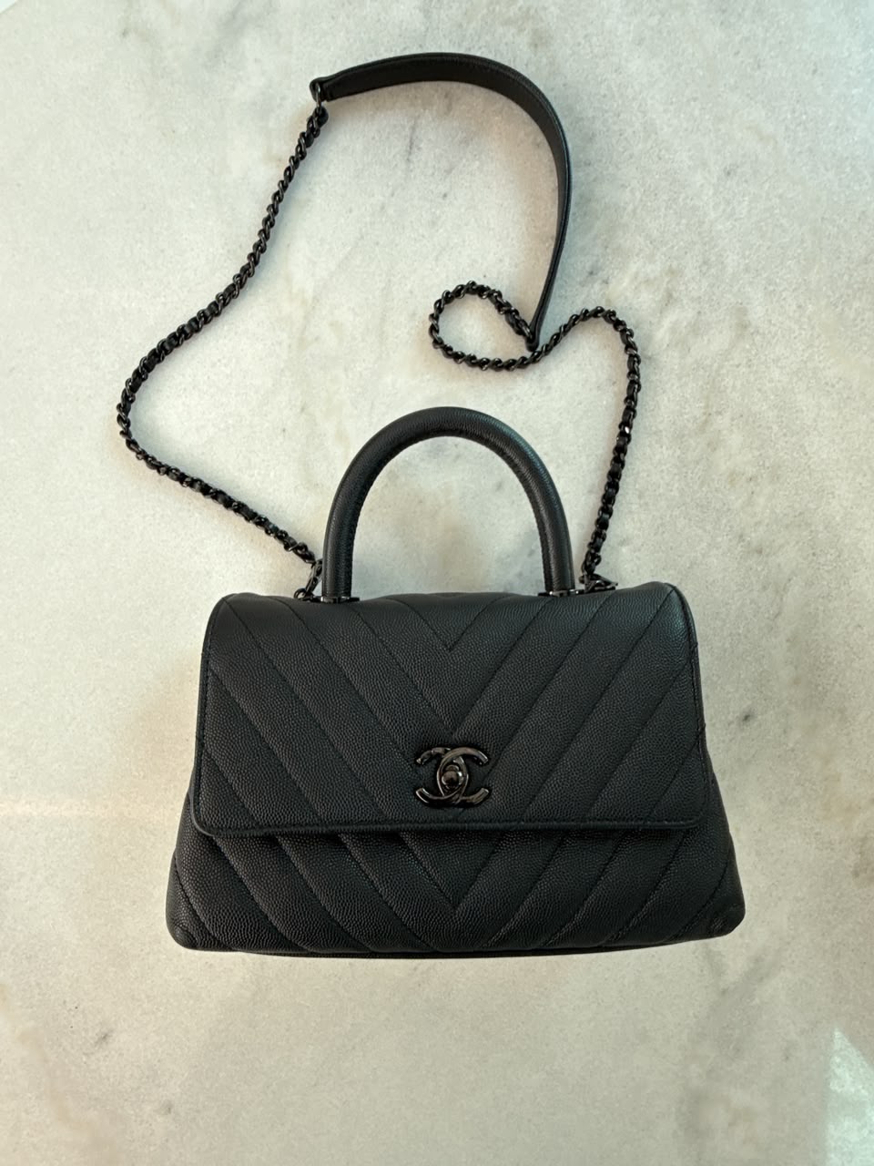 BLACK CHEVRON CAVIAR LEATHER MINI SO BLACK COCO TOP HANDLE BAG