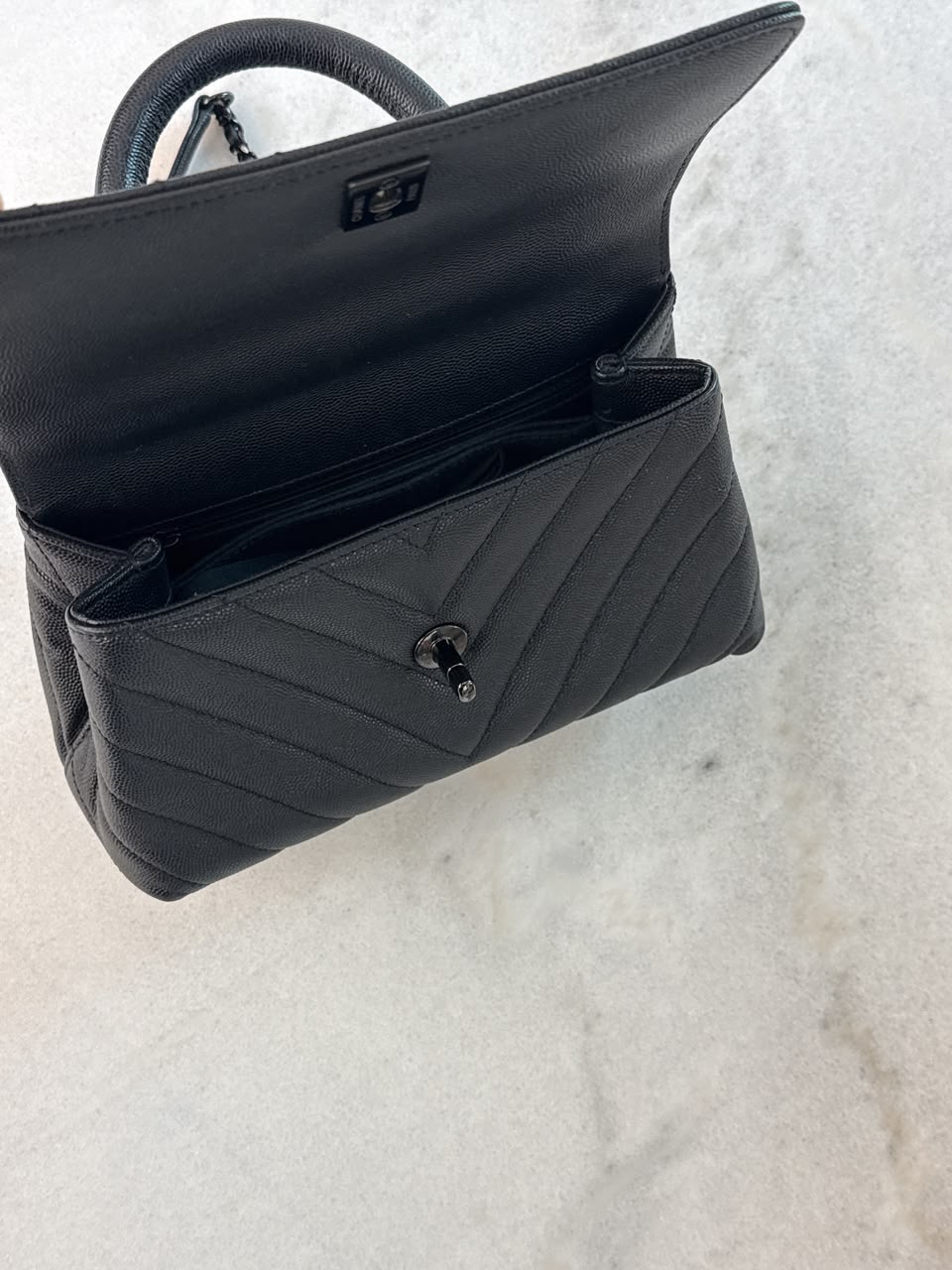BLACK CHEVRON CAVIAR LEATHER MINI SO BLACK COCO TOP HANDLE BAG
