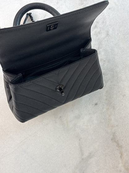 BLACK CHEVRON CAVIAR LEATHER MINI SO BLACK COCO TOP HANDLE BAG